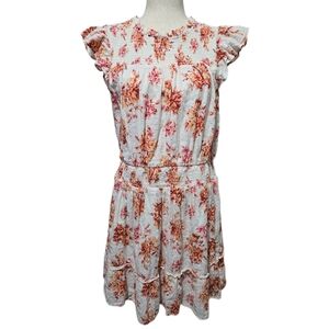 LOFT Floral Smocked Waist Tiered Dress Size Large White Orange Ruffle Cap Sleeve